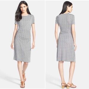 Tory Burch Silk Purple, Black & Cream Patterned Ruched Midi Dress